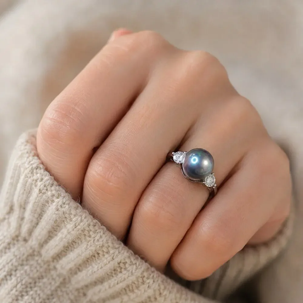 Authentic ZALES 925 Sterling Silver Gray Pearl Three Stone Ring Sz 7